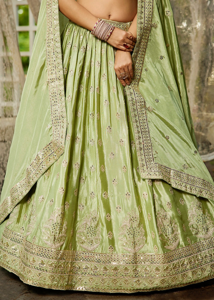 Pistachio Green Lehenga Choli with Floral Sequin Detailing on Chiffon Silk - House of Sarvati LLC