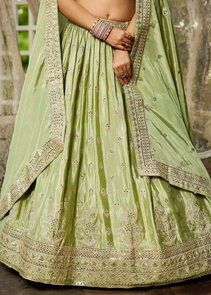 Pistachio Green Lehenga Choli with Floral Sequin Detailing on Chiffon Silk - House of Sarvati LLC