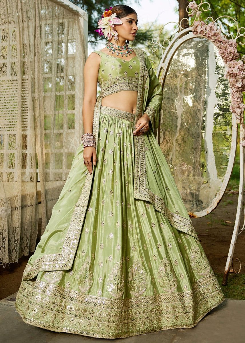 Pistachio Green Lehenga Choli with Floral Sequin Detailing on Chiffon Silk - House of Sarvati LLC
