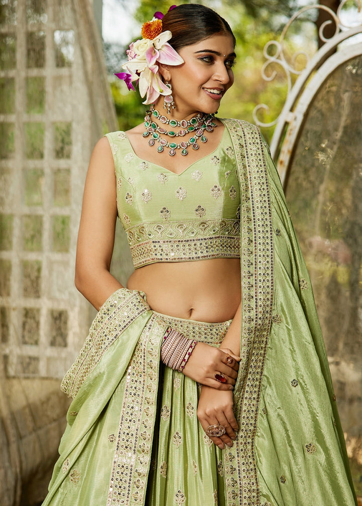 Pistachio Green Lehenga Choli with Floral Sequin Detailing on Chiffon Silk - House of Sarvati LLC