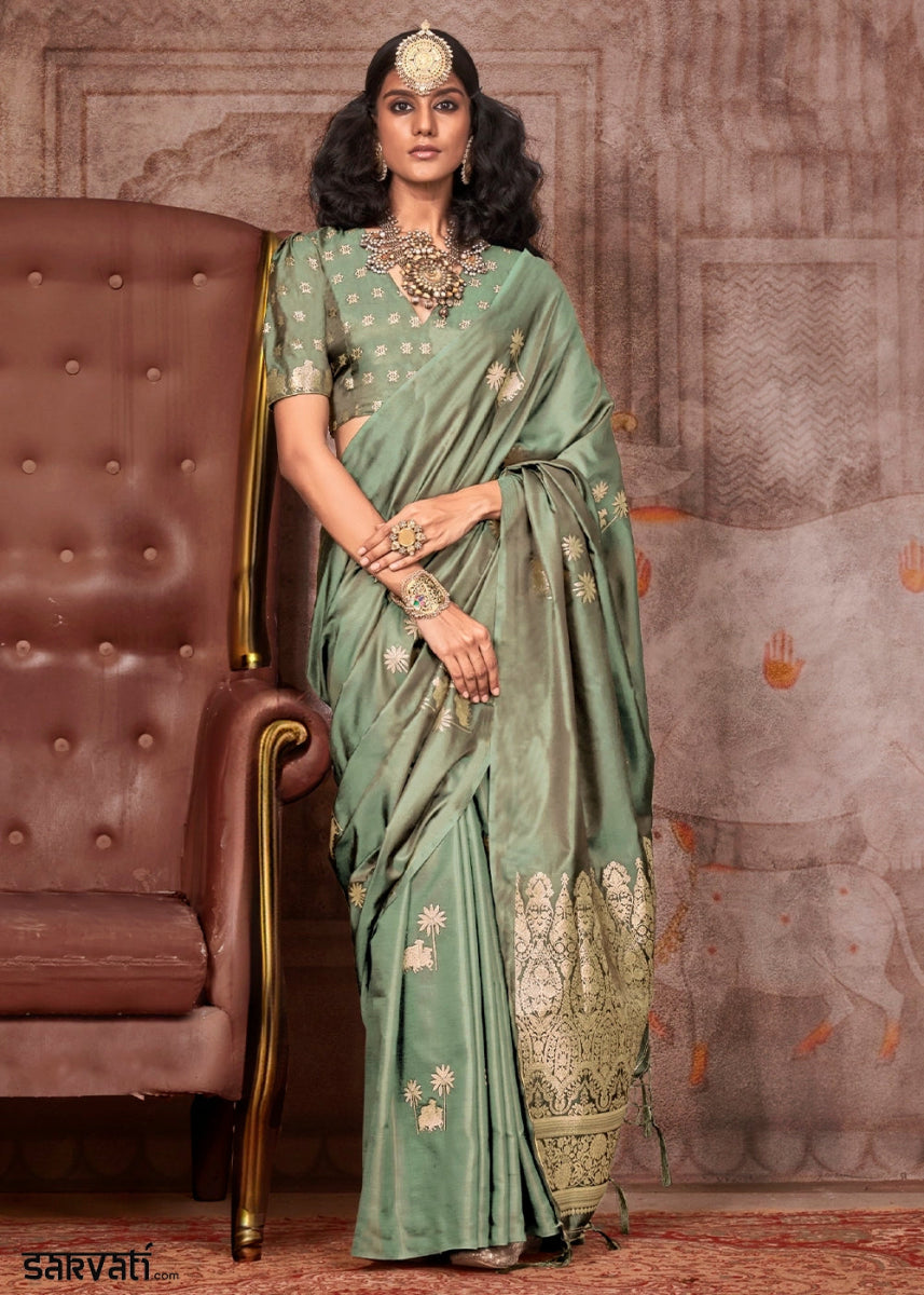 Pistachio Green Zari Woven Satin Silk Banarasi Saree with Brocade Blouse - House of Sarvati LLC