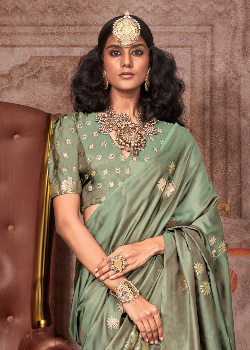 Pistachio Green Zari Woven Satin Silk Banarasi Saree with Brocade Blouse - House of Sarvati LLC