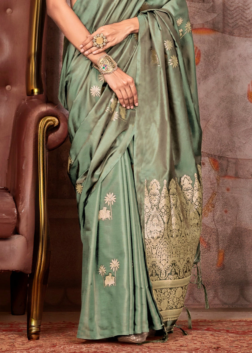 Pistachio Green Zari Woven Satin Silk Banarasi Saree with Brocade Blouse - House of Sarvati LLC