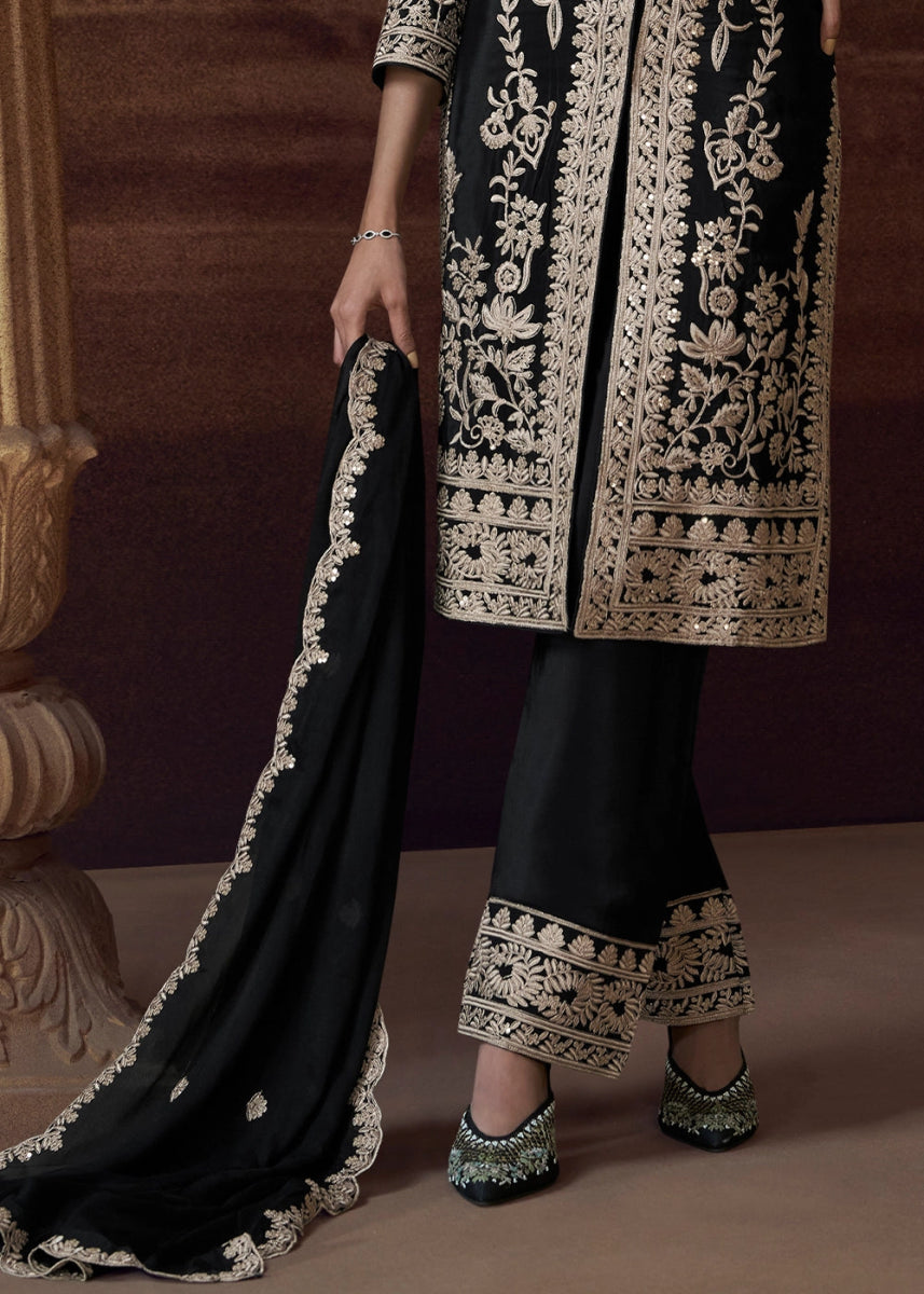 Pitch Black Chinon Silk Pant Suit with Intricate Embroidery: Eid Edition - House of Sarvati LLC