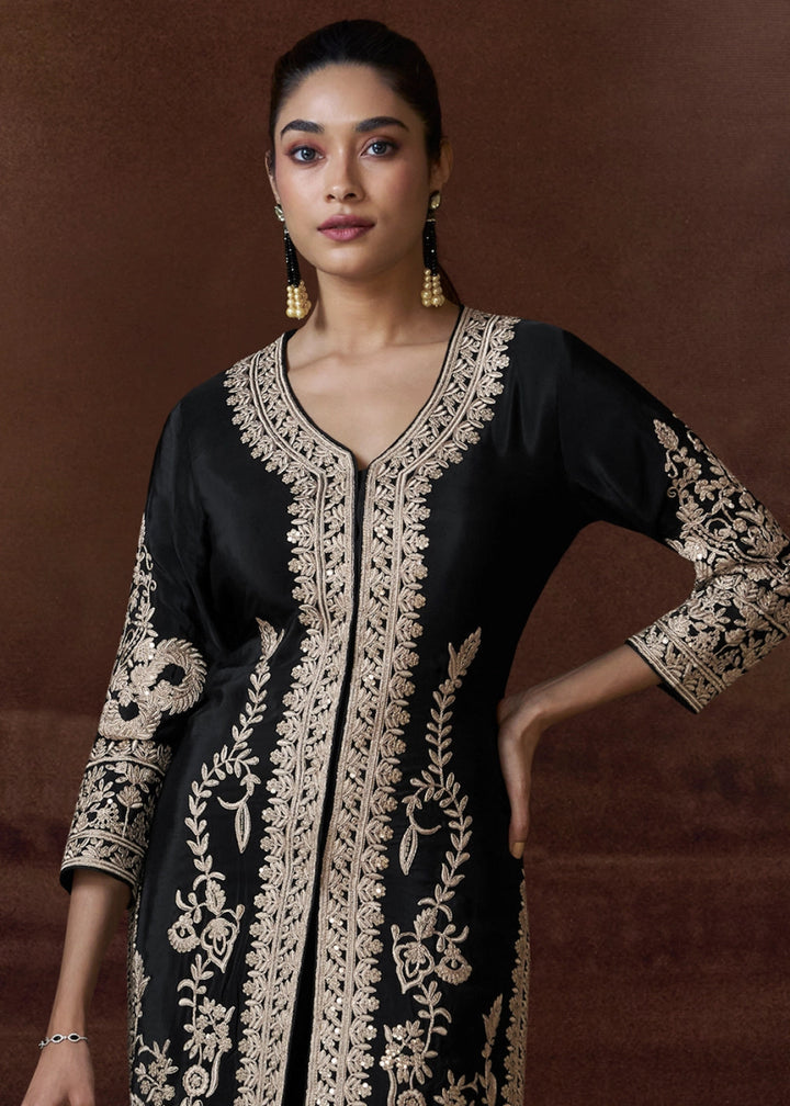 Pitch Black Chinon Silk Pant Suit with Intricate Embroidery: Eid Edition - House of Sarvati LLC