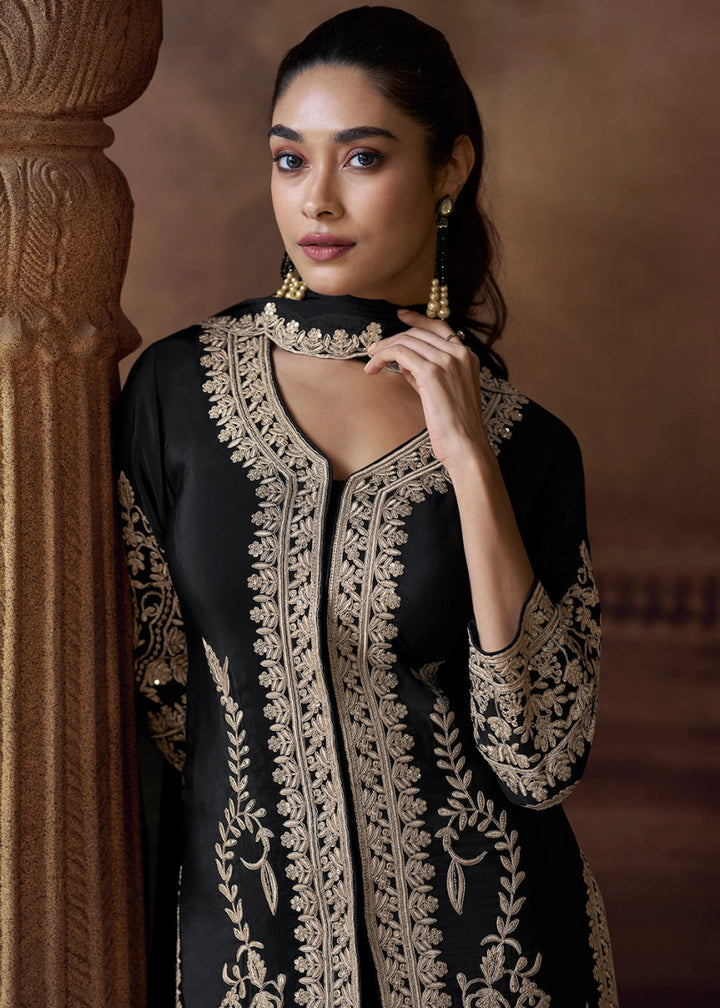 Pitch Black Chinon Silk Pant Suit with Intricate Embroidery: Eid Edition - House of Sarvati LLC