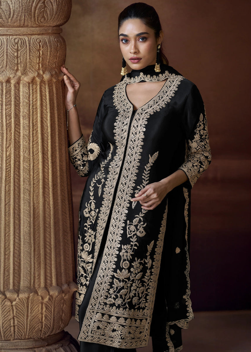 Pitch Black Chinon Silk Pant Suit with Intricate Embroidery: Eid Edition - House of Sarvati LLC