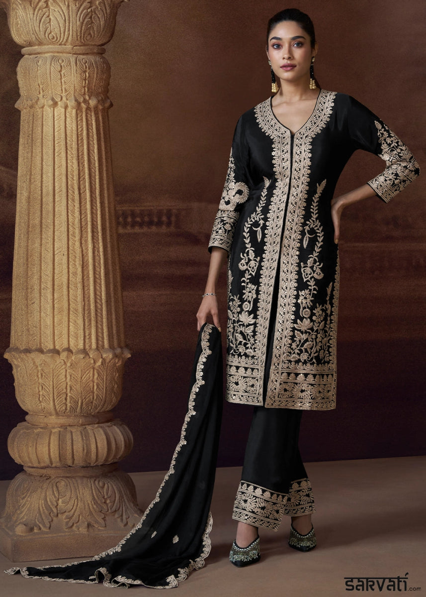 Pitch Black Chinon Silk Pant Suit with Intricate Embroidery: Eid Edition - House of Sarvati LLC