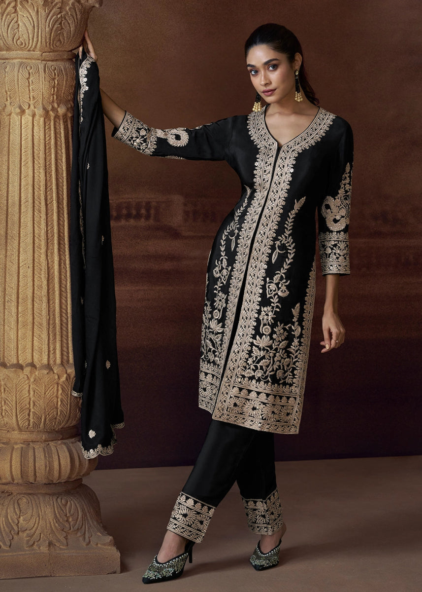 Pitch Black Chinon Silk Pant Suit with Intricate Embroidery: Eid Edition - House of Sarvati LLC
