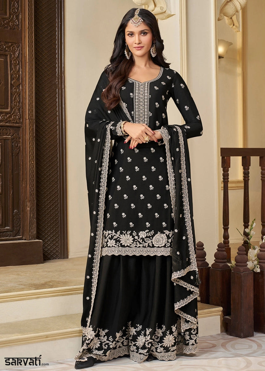 Pitch Black Chinon Silk Sharara Suit with Intricate White Thread & Sequin Embroidery - House of Sarvati LLC