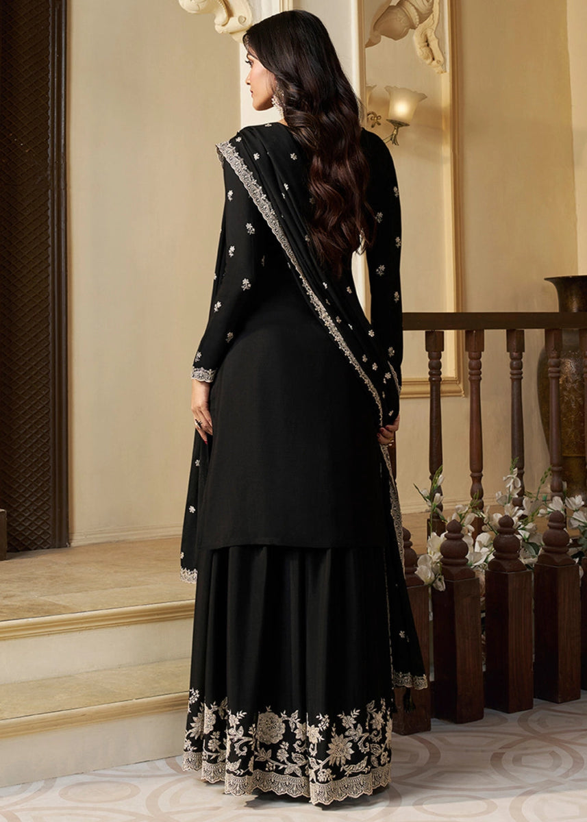 Pitch Black Chinon Silk Sharara Suit with Intricate White Thread & Sequin Embroidery - House of Sarvati LLC