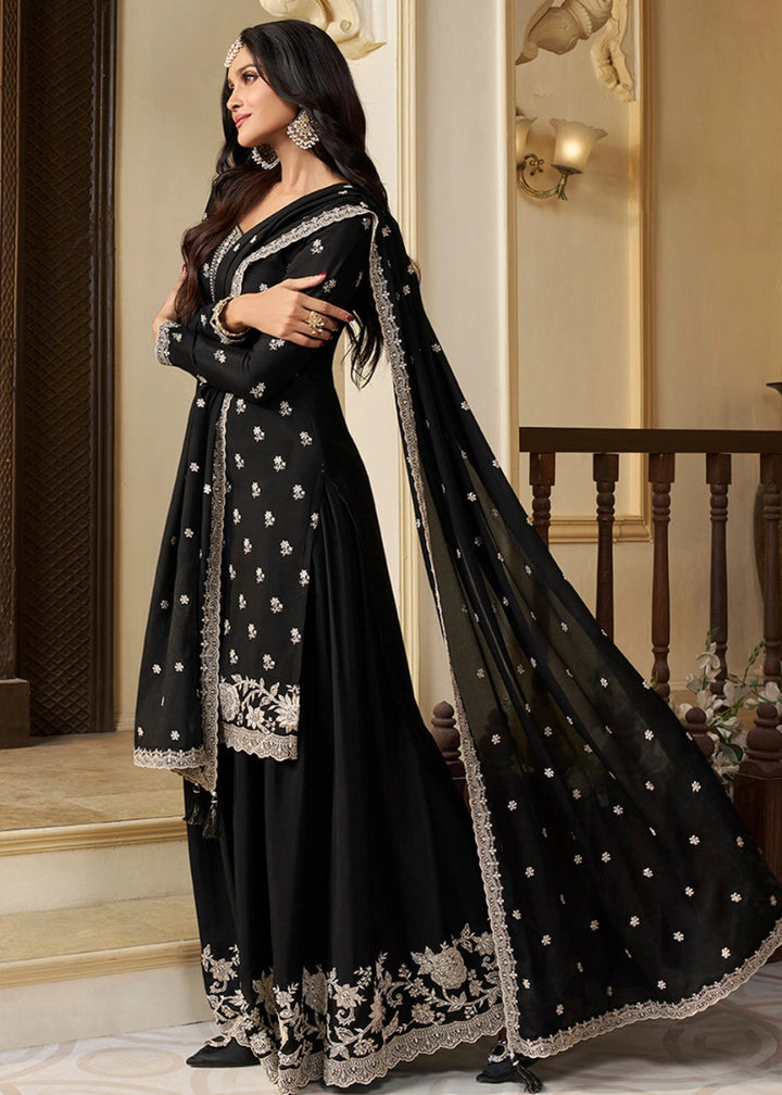 Pitch Black Chinon Silk Sharara Suit with Intricate White Thread & Sequin Embroidery - House of Sarvati LLC