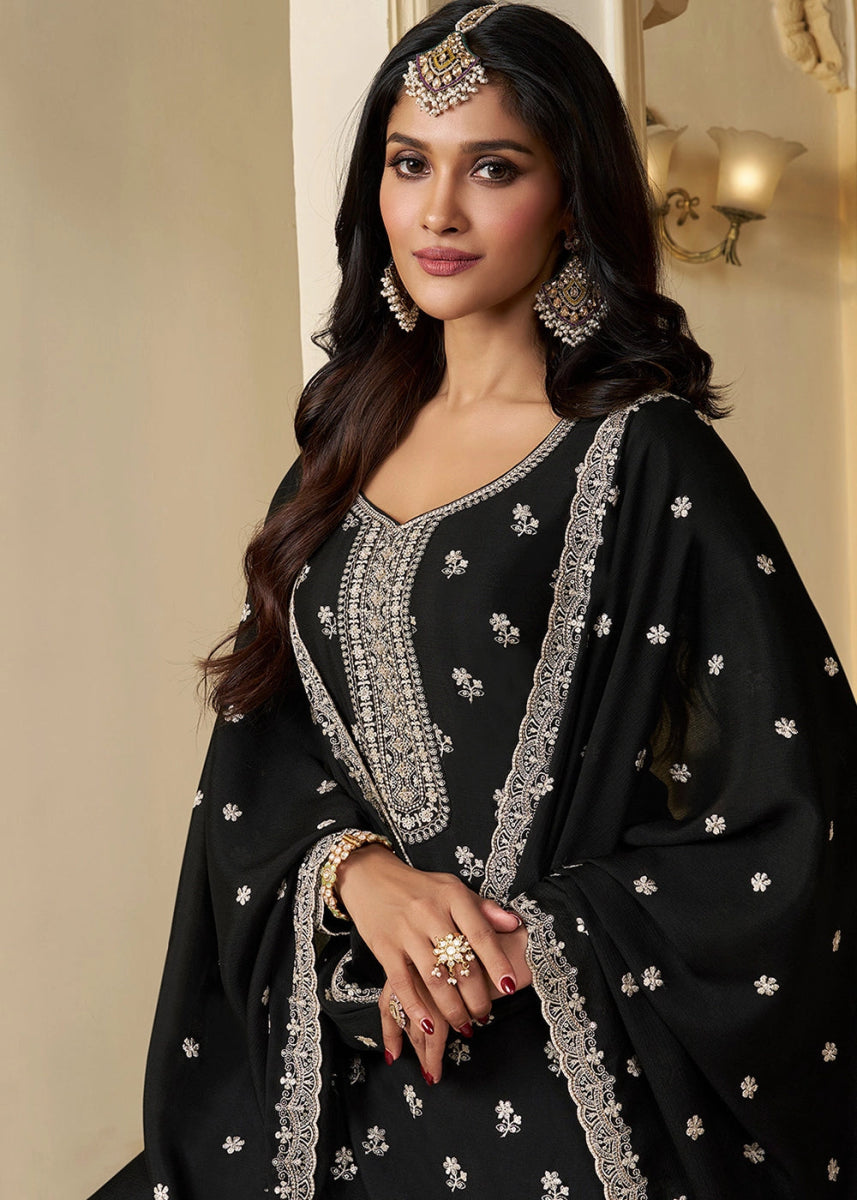 Pitch Black Chinon Silk Sharara Suit with Intricate White Thread & Sequin Embroidery - House of Sarvati LLC