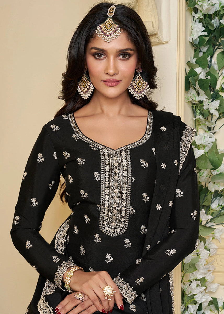 Pitch Black Chinon Silk Sharara Suit with Intricate White Thread & Sequin Embroidery - House of Sarvati LLC
