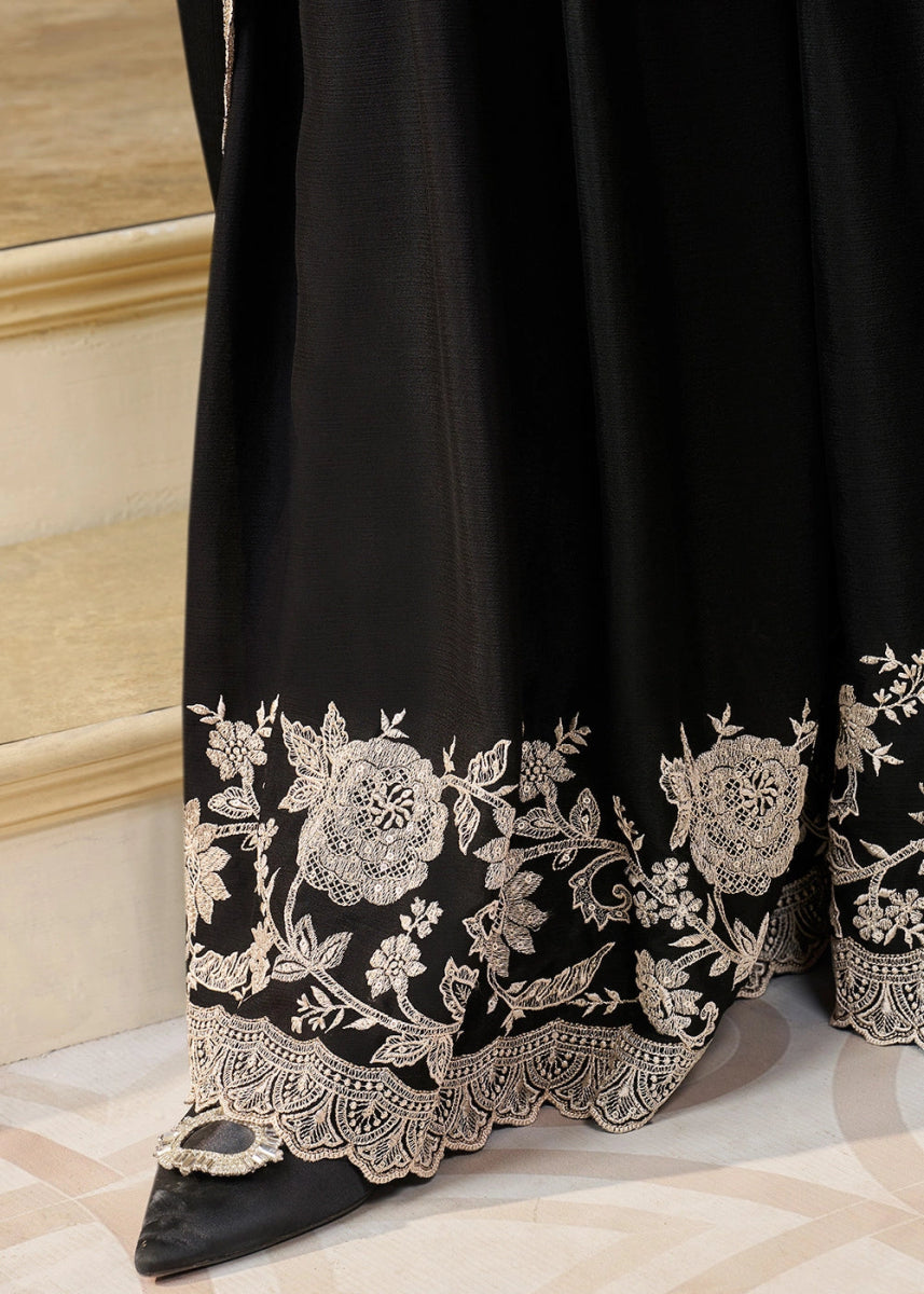 Pitch Black Chinon Silk Sharara Suit with Intricate White Thread & Sequin Embroidery - House of Sarvati LLC