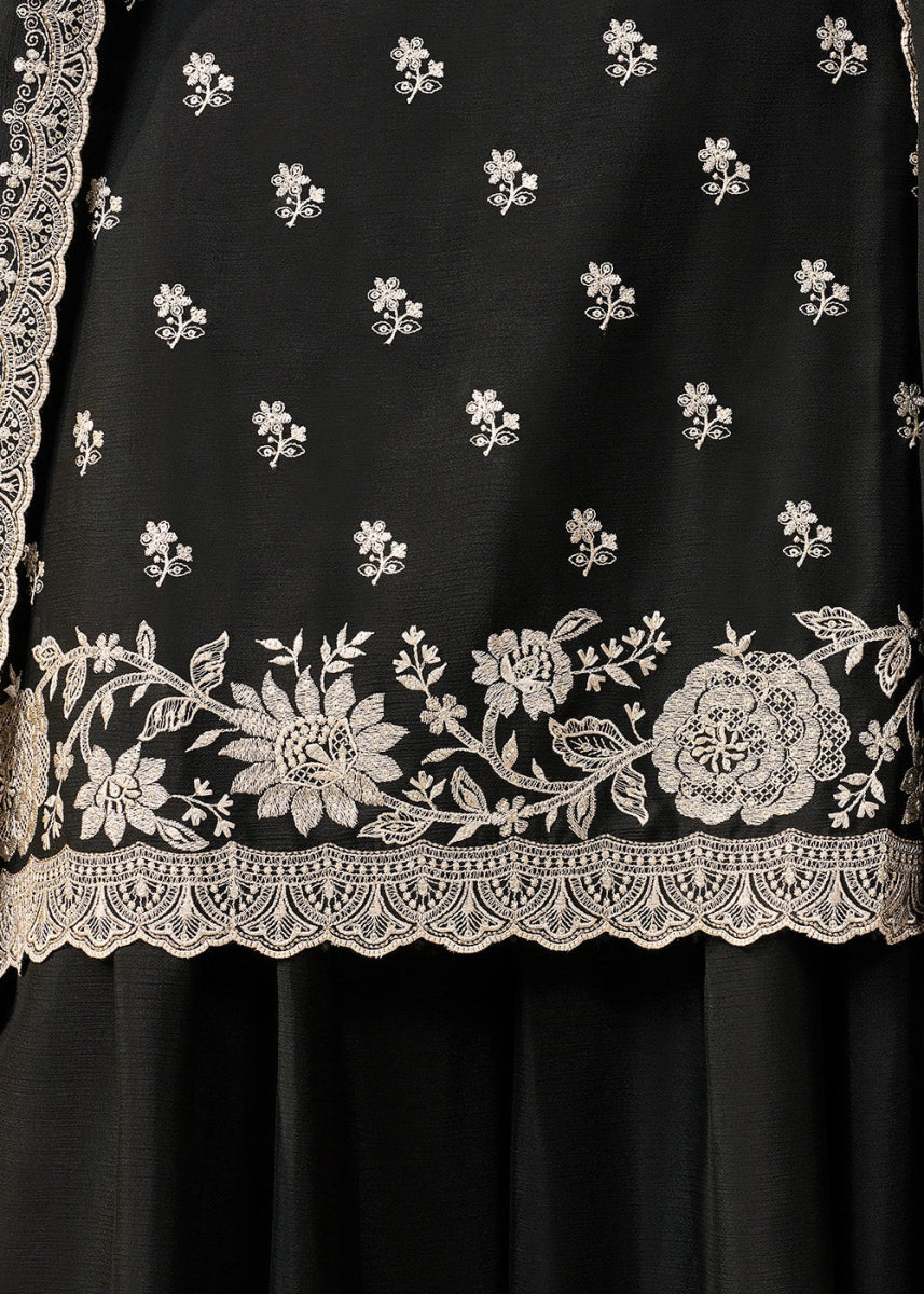 Pitch Black Chinon Silk Sharara Suit with Intricate White Thread & Sequin Embroidery - House of Sarvati LLC