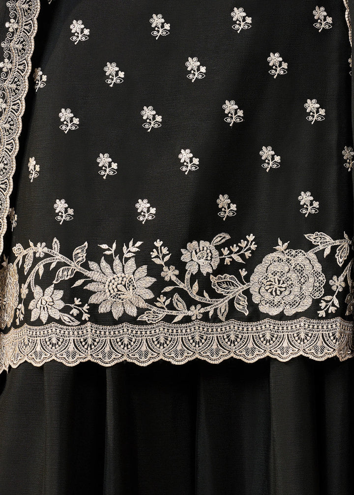 Pitch Black Chinon Silk Sharara Suit with Intricate White Thread & Sequin Embroidery - House of Sarvati LLC