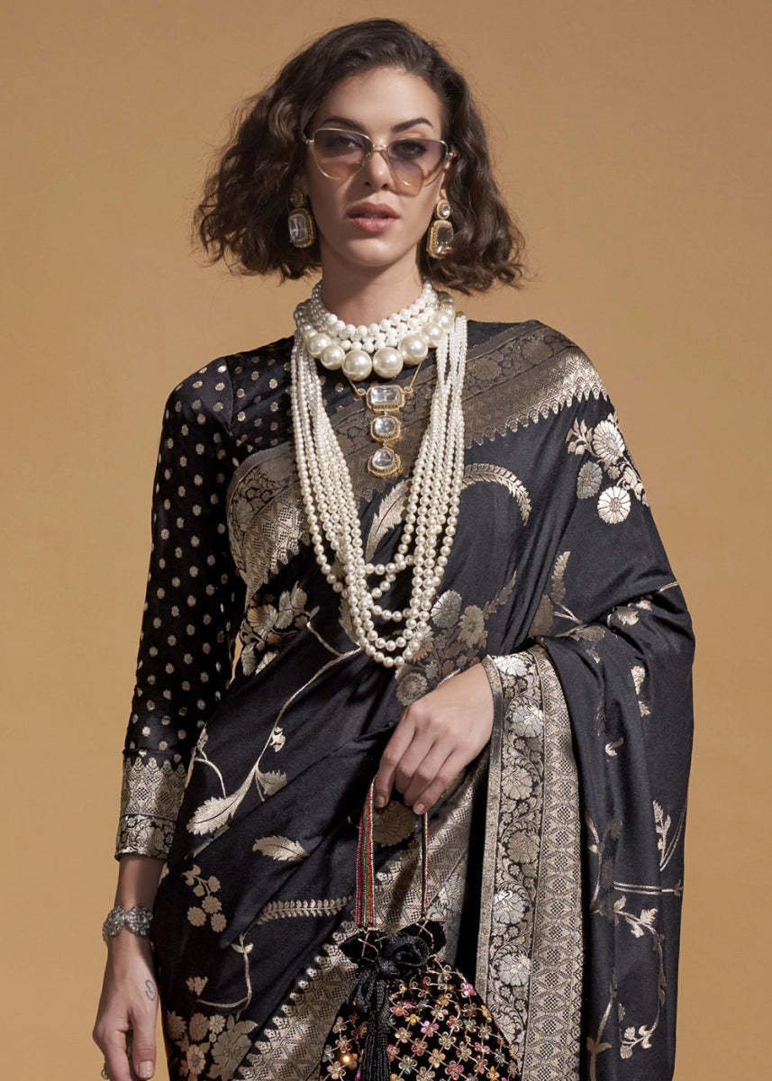 Pitch Black Georgette Silk Saree Embellished with Floral Zari Work - House of Sarvati LLC