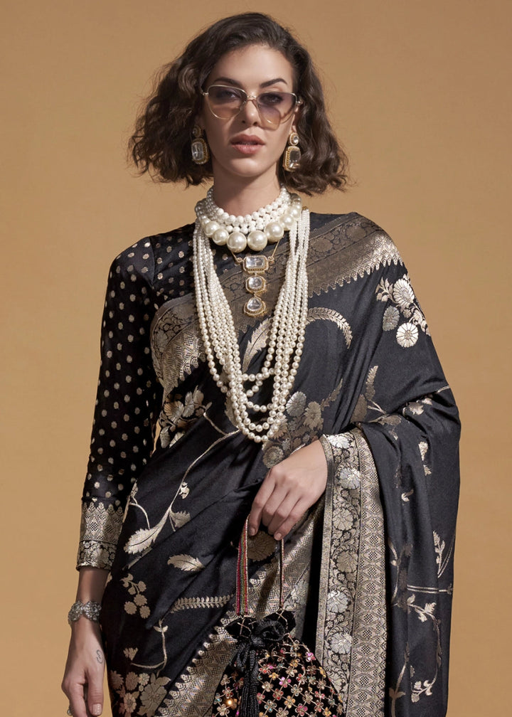 Pitch Black Georgette Silk Saree Embellished with Floral Zari Work - House of Sarvati LLC