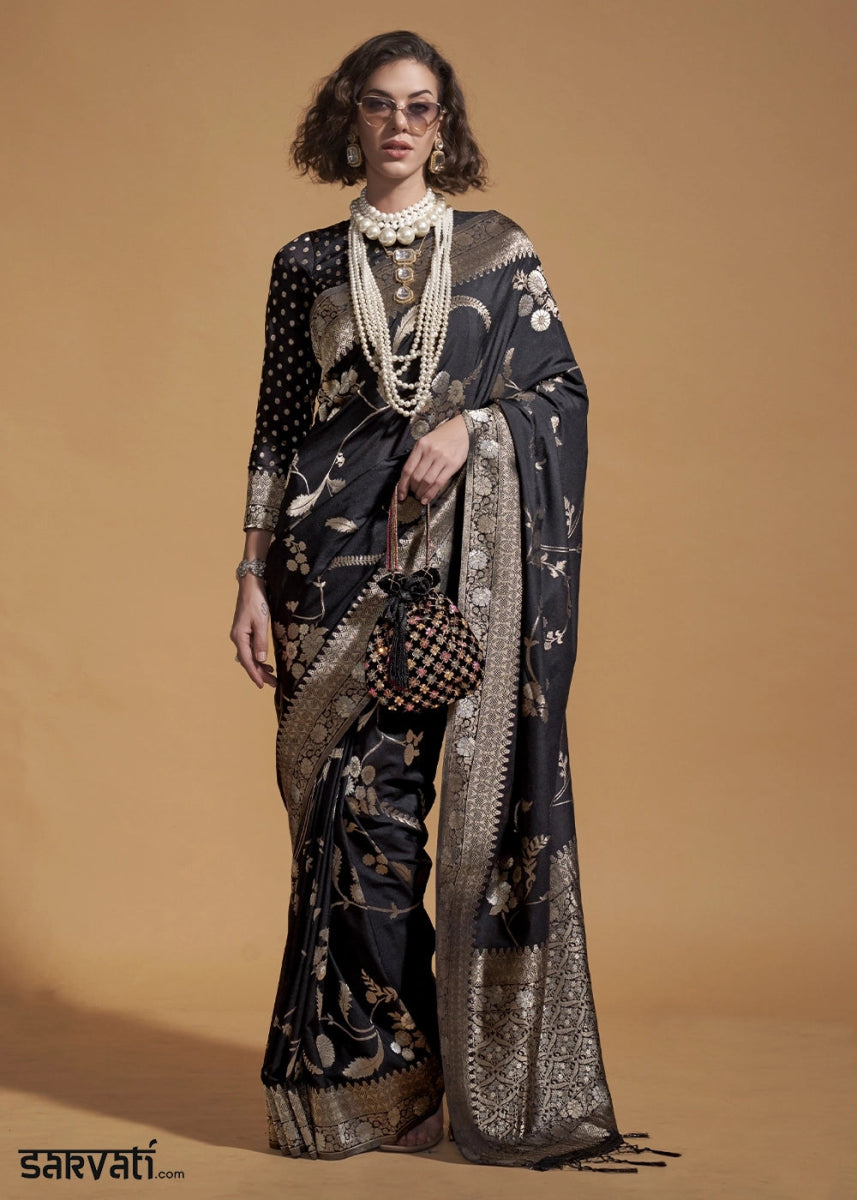 Pitch Black Georgette Silk Saree Embellished with Floral Zari Work - House of Sarvati LLC