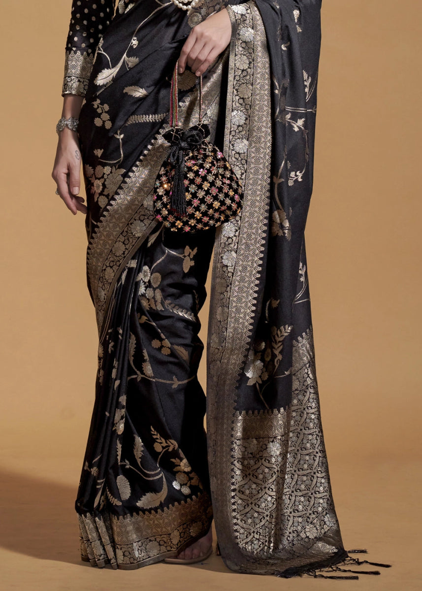 Pitch Black Georgette Silk Saree Embellished with Floral Zari Work - House of Sarvati LLC