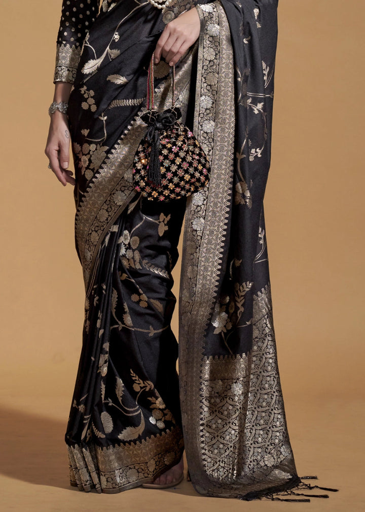 Pitch Black Georgette Silk Saree Embellished with Floral Zari Work - House of Sarvati LLC