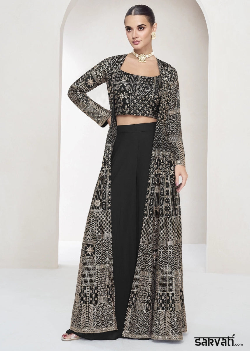 Pitch Black Palazzo and Top Set in Georgette with Full Embroidery Jacket - House of Sarvati LLC