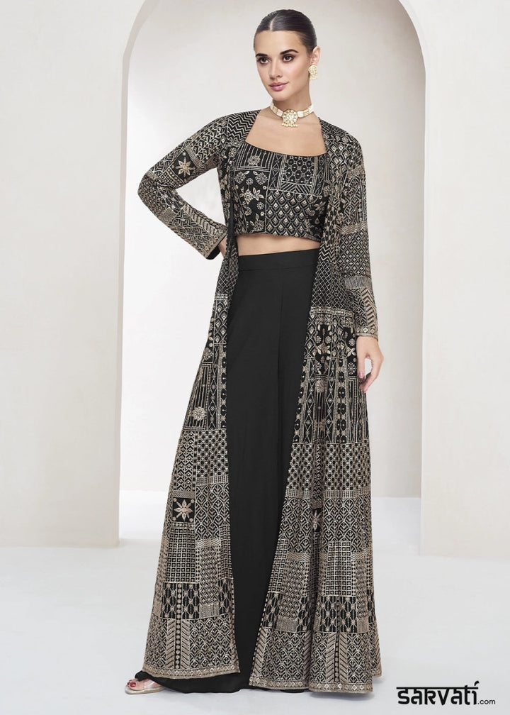 Pitch Black Palazzo and Top Set in Georgette with Full Embroidery Jacket - House of Sarvati LLC