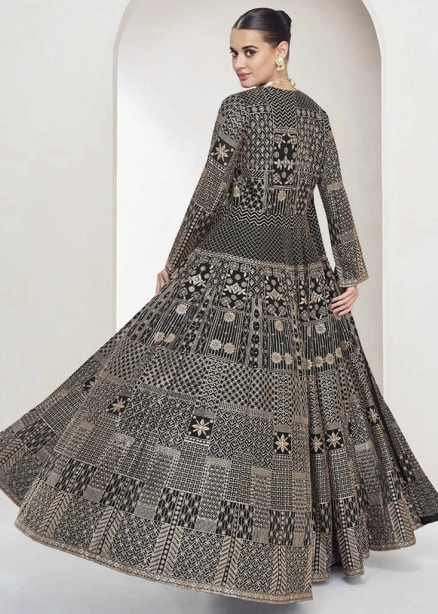 Pitch Black Palazzo and Top Set in Georgette with Full Embroidery Jacket - House of Sarvati LLC