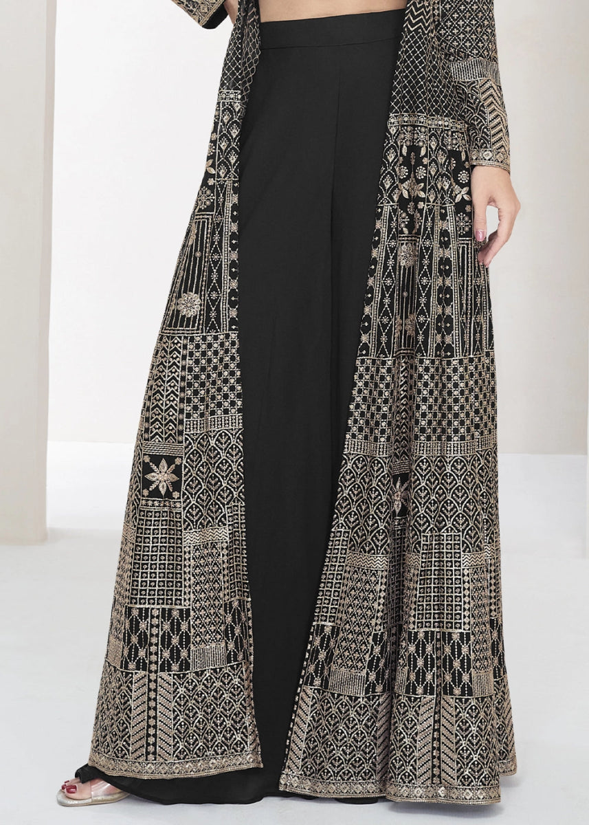 Pitch Black Palazzo and Top Set in Georgette with Full Embroidery Jacket - House of Sarvati LLC