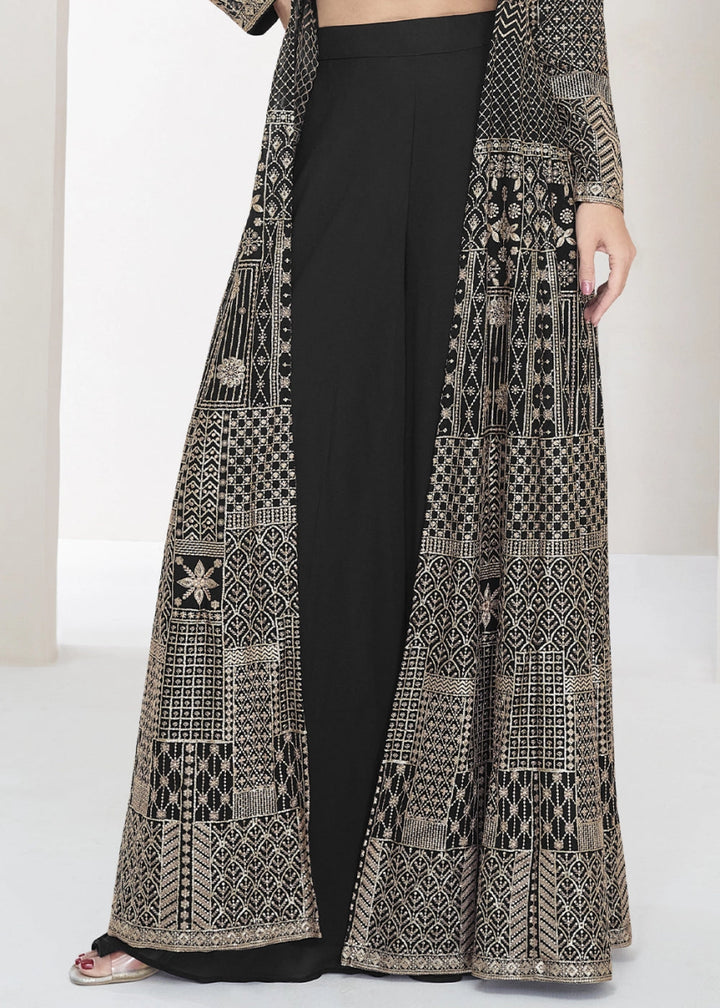 Pitch Black Palazzo and Top Set in Georgette with Full Embroidery Jacket - House of Sarvati LLC