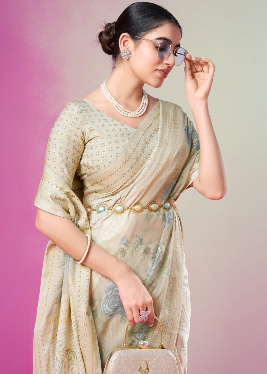 Platinum Grey Floral Georgette Silk Saree - House of Sarvati LLC