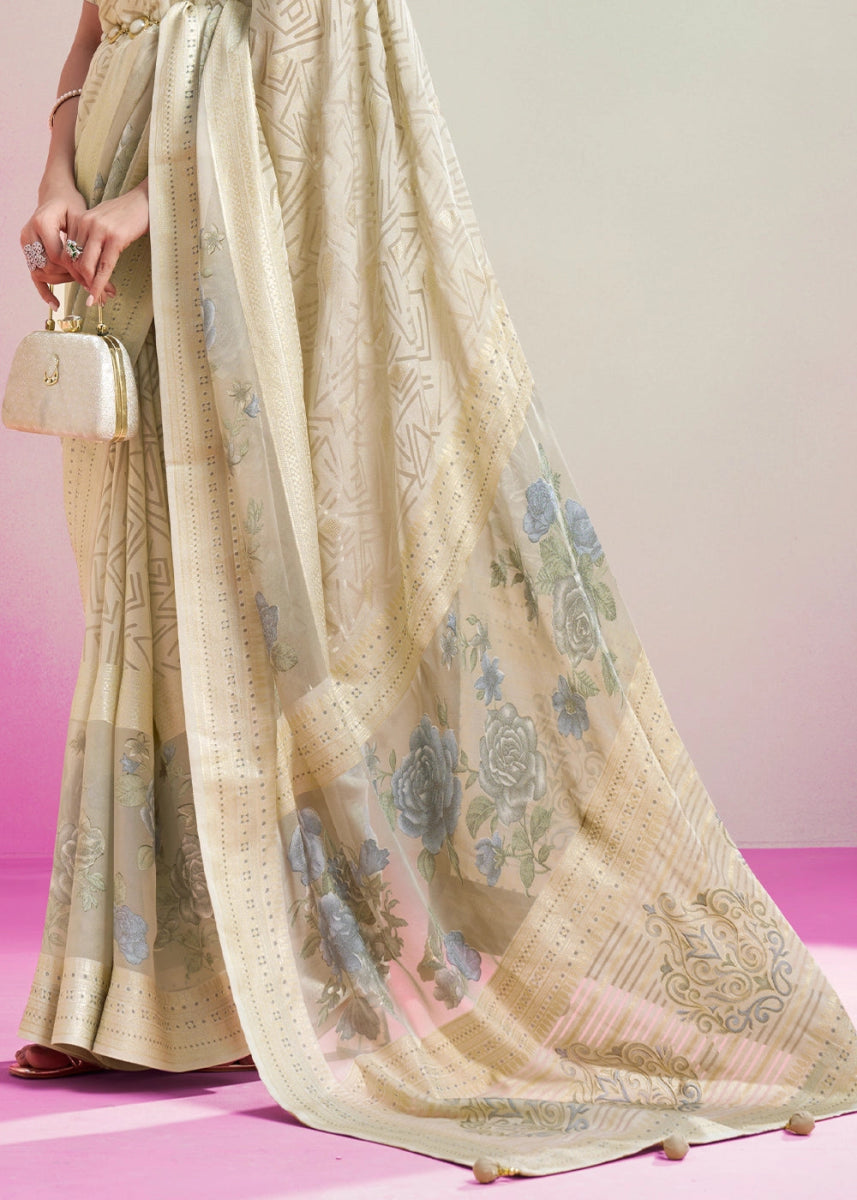 Platinum Grey Floral Georgette Silk Saree - House of Sarvati LLC