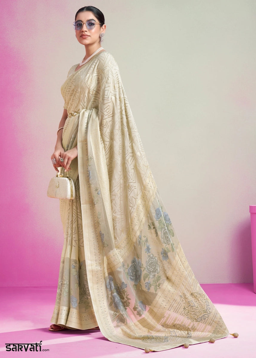 Platinum Grey Floral Georgette Silk Saree - House of Sarvati LLC