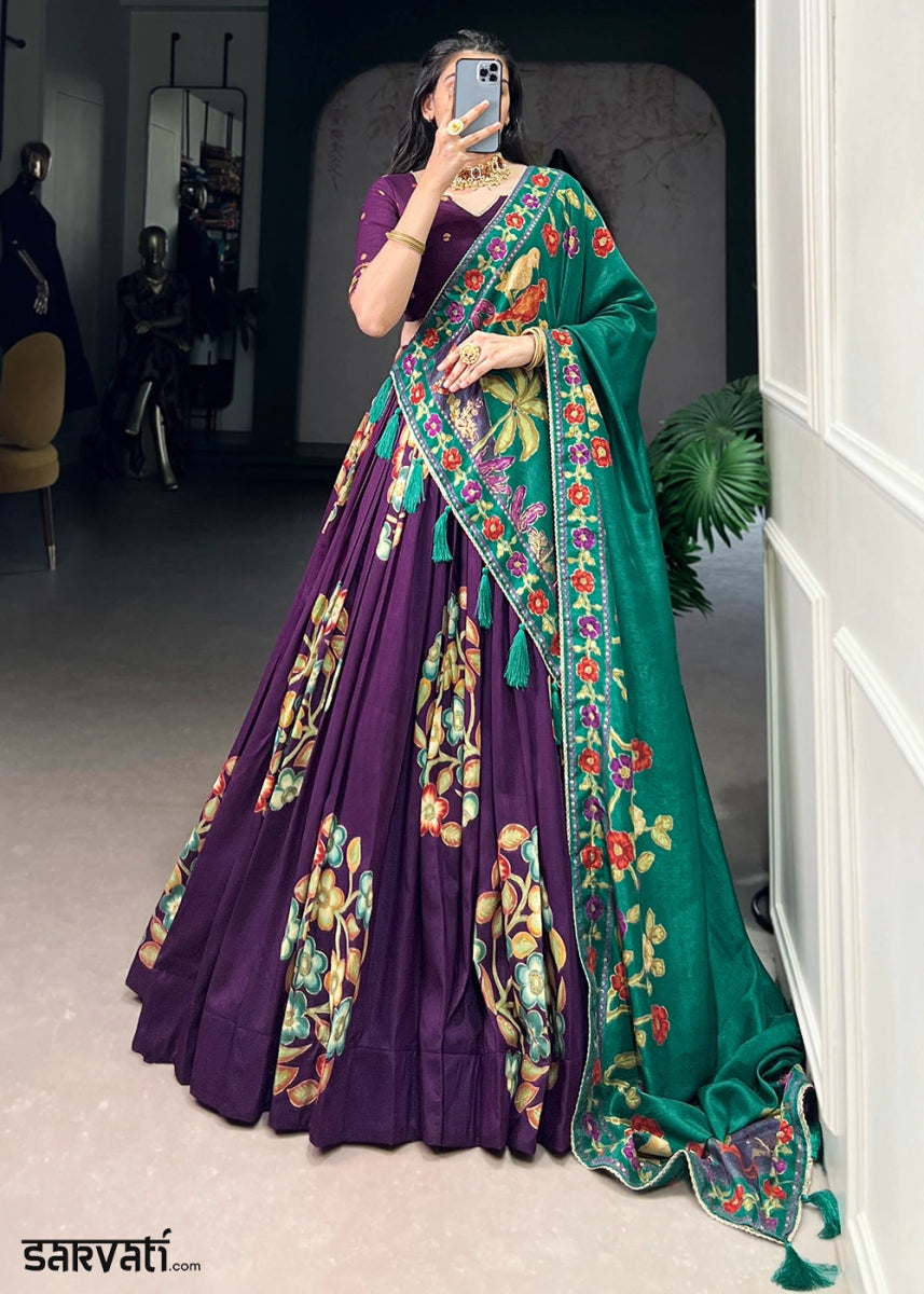 Plum Purple Lehenga Choli in Tussar Silk with Blooming Floral Patterns - House of Sarvati LLC