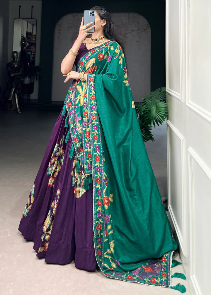 Plum Purple Lehenga Choli in Tussar Silk with Blooming Floral Patterns - House of Sarvati LLC