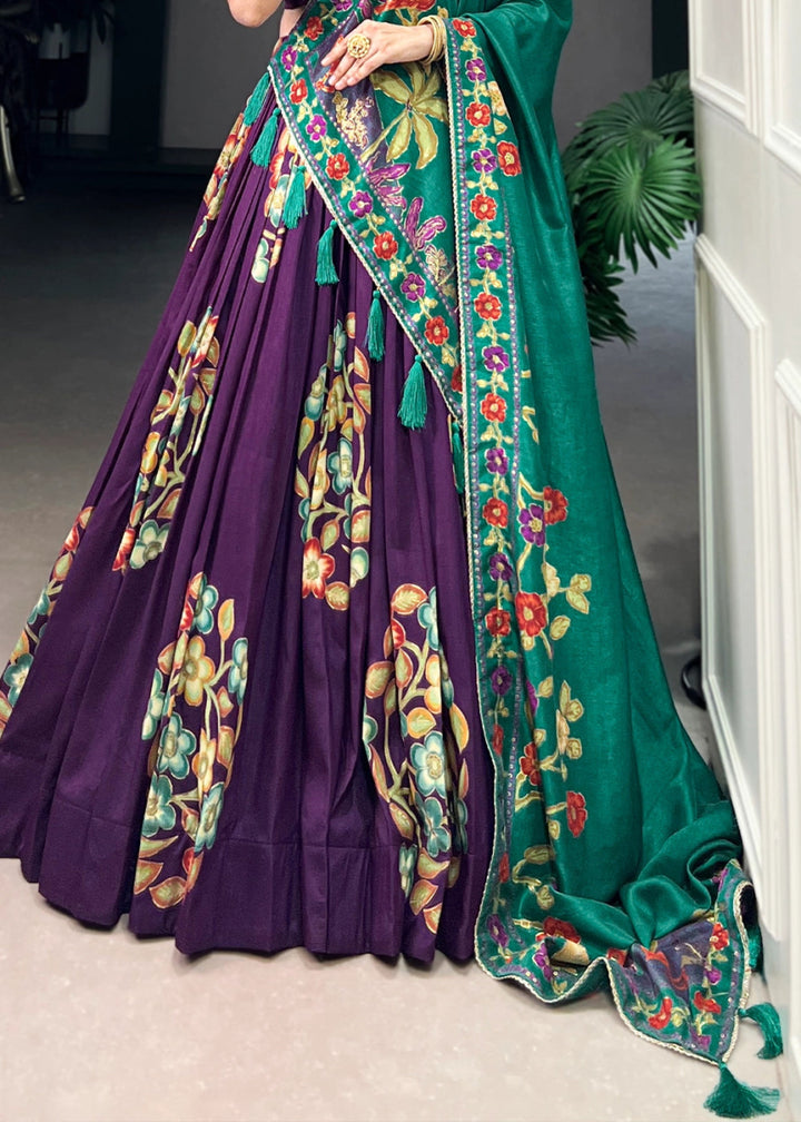 Plum Purple Lehenga Choli in Tussar Silk with Blooming Floral Patterns - House of Sarvati LLC