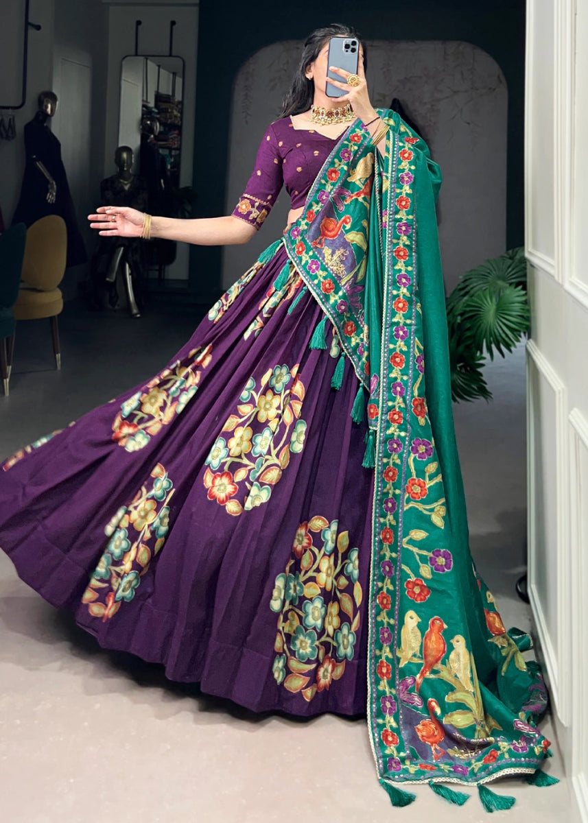 Plum Purple Lehenga Choli in Tussar Silk with Blooming Floral Patterns - House of Sarvati LLC