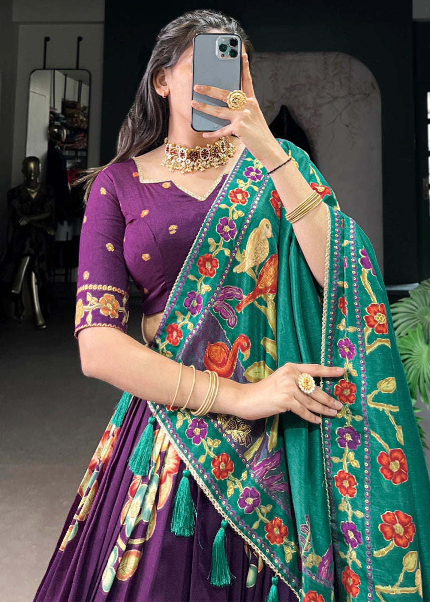 Plum Purple Lehenga Choli in Tussar Silk with Blooming Floral Patterns - House of Sarvati LLC