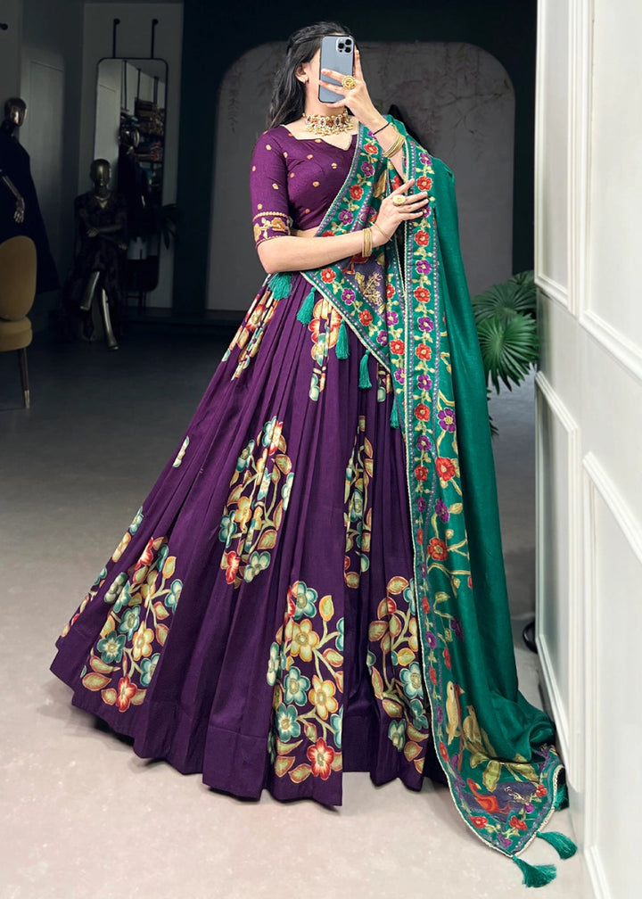 Plum Purple Lehenga Choli in Tussar Silk with Blooming Floral Patterns - House of Sarvati LLC