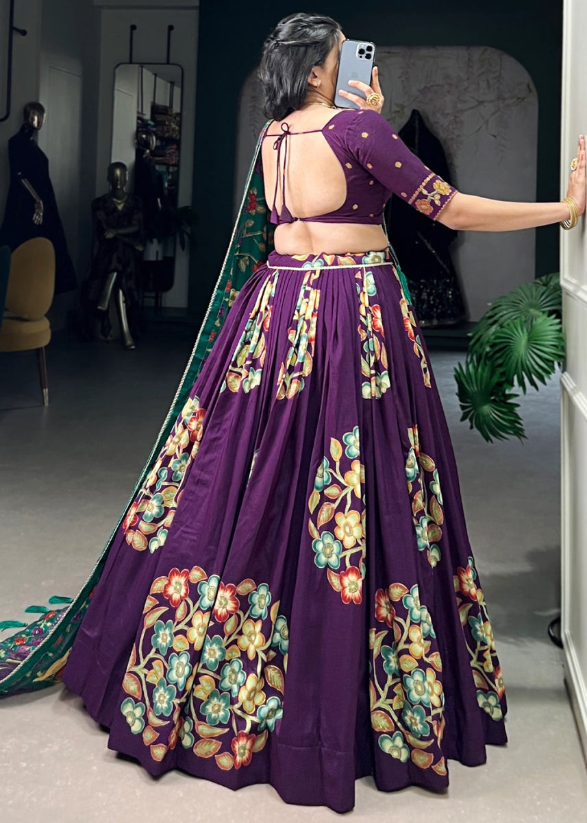 Plum Purple Lehenga Choli in Tussar Silk with Blooming Floral Patterns - House of Sarvati LLC