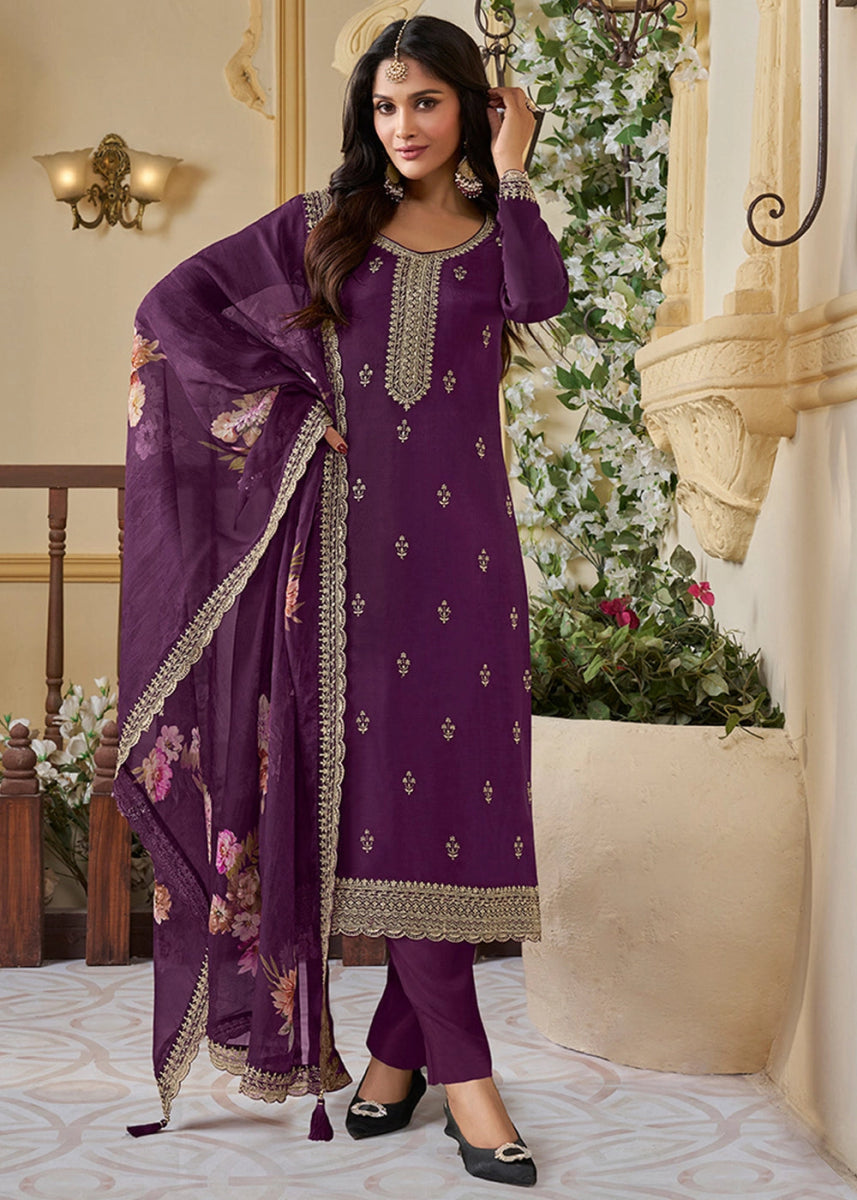 Plum Purple Munga Silk Suit with Shimmering Sequin Embellishments - House of Sarvati LLC