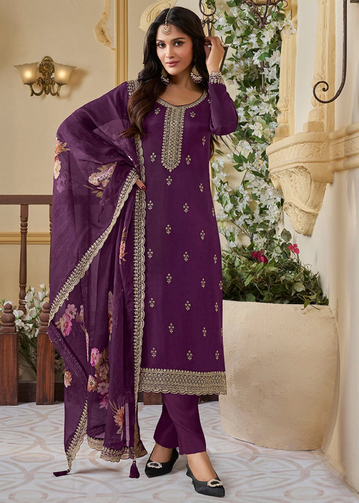 Plum Purple Munga Silk Suit with Shimmering Sequin Embellishments - House of Sarvati LLC