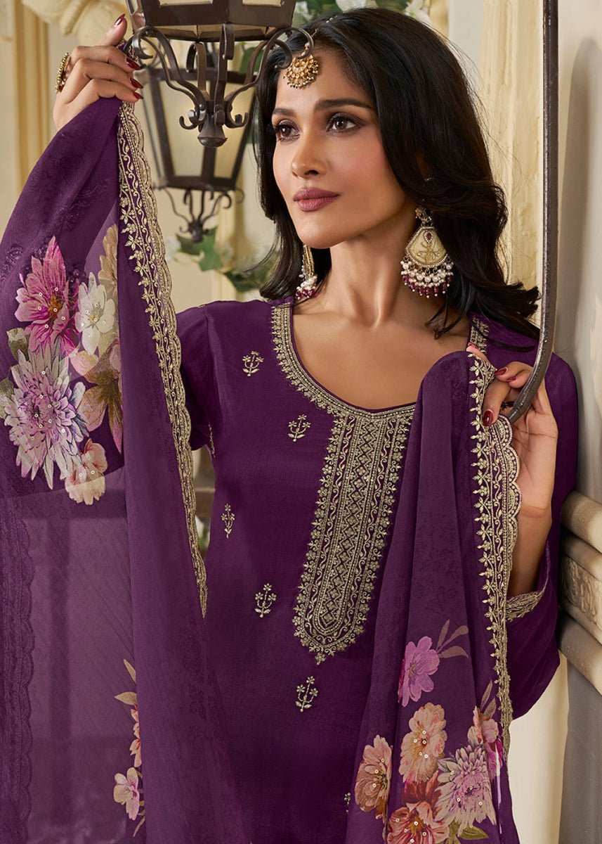 Plum Purple Munga Silk Suit with Shimmering Sequin Embellishments - House of Sarvati LLC