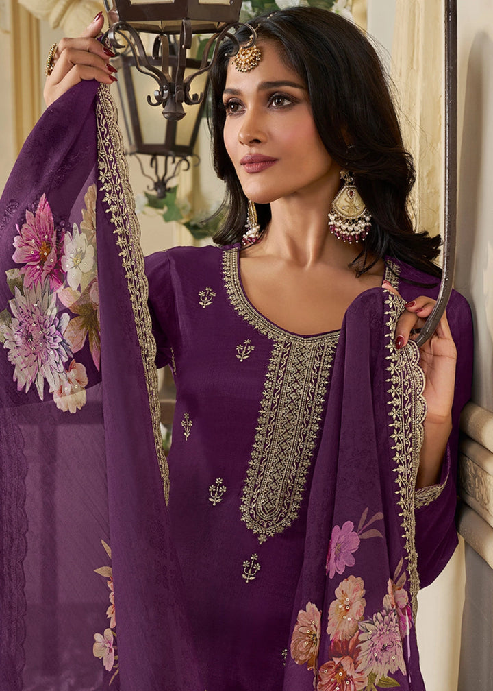 Plum Purple Munga Silk Suit with Shimmering Sequin Embellishments - House of Sarvati LLC