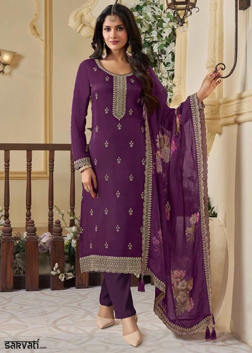 Plum Purple Munga Silk Suit with Shimmering Sequin Embellishments - House of Sarvati LLC
