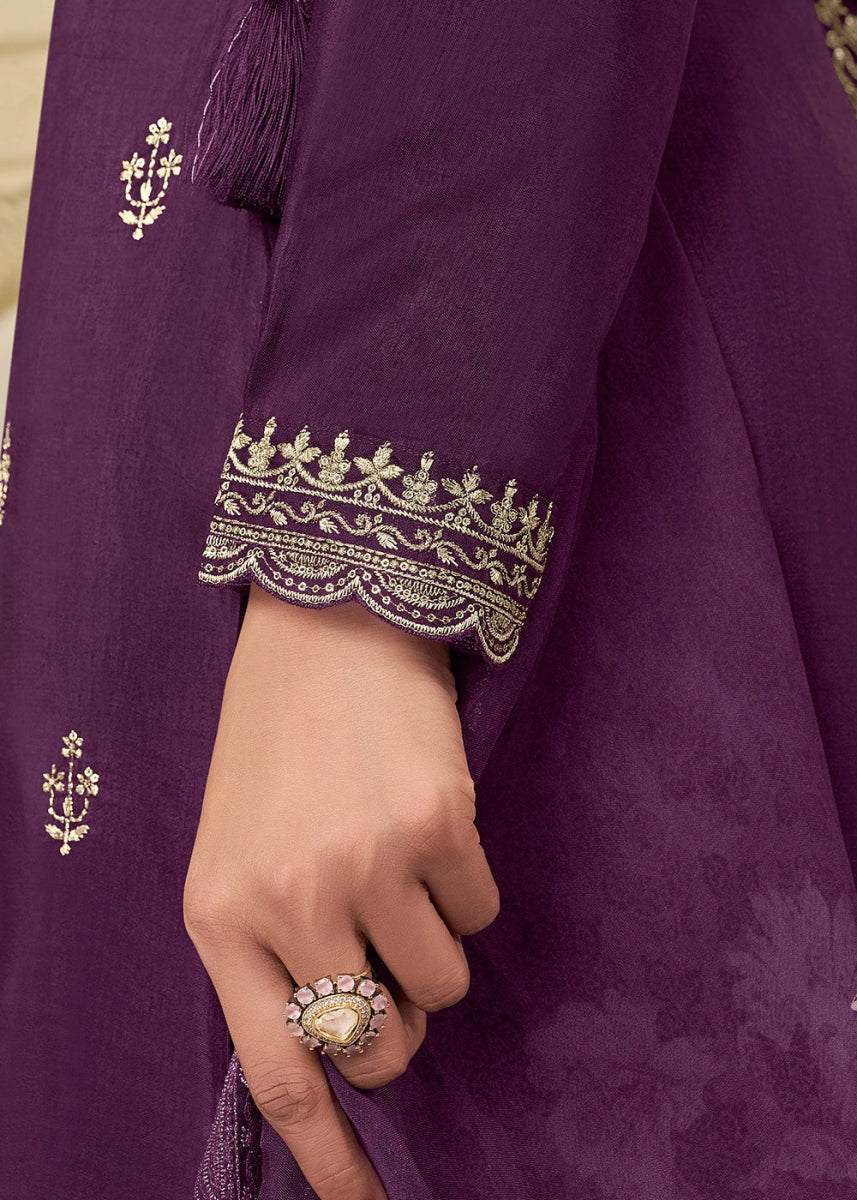 Plum Purple Munga Silk Suit with Shimmering Sequin Embellishments - House of Sarvati LLC