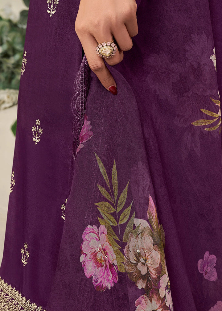 Plum Purple Munga Silk Suit with Shimmering Sequin Embellishments - House of Sarvati LLC