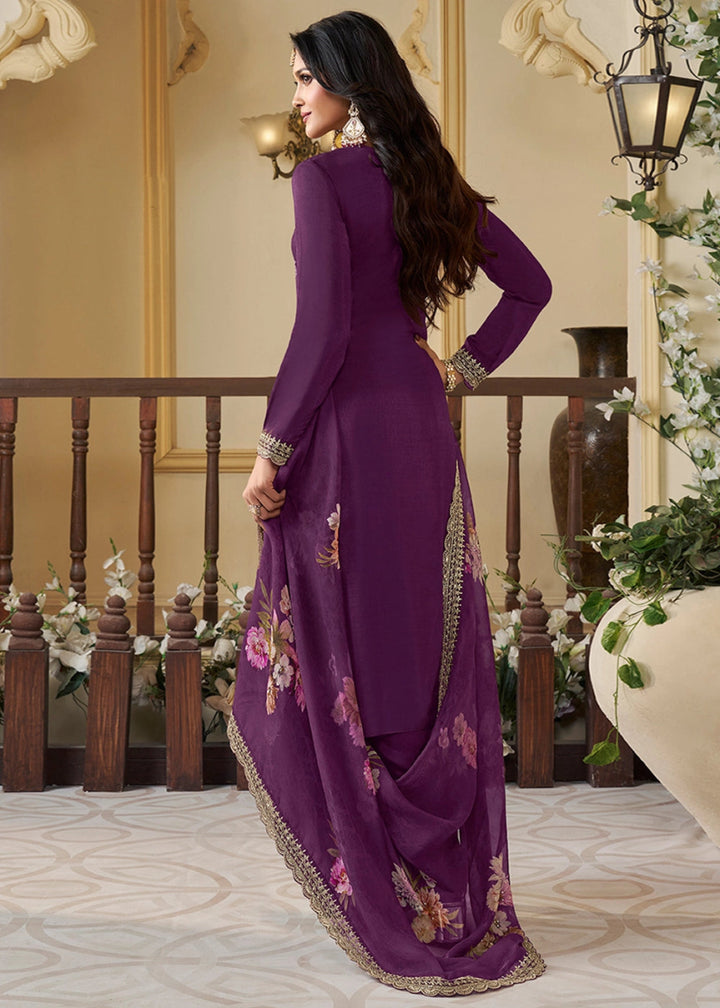 Plum Purple Munga Silk Suit with Shimmering Sequin Embellishments - House of Sarvati LLC