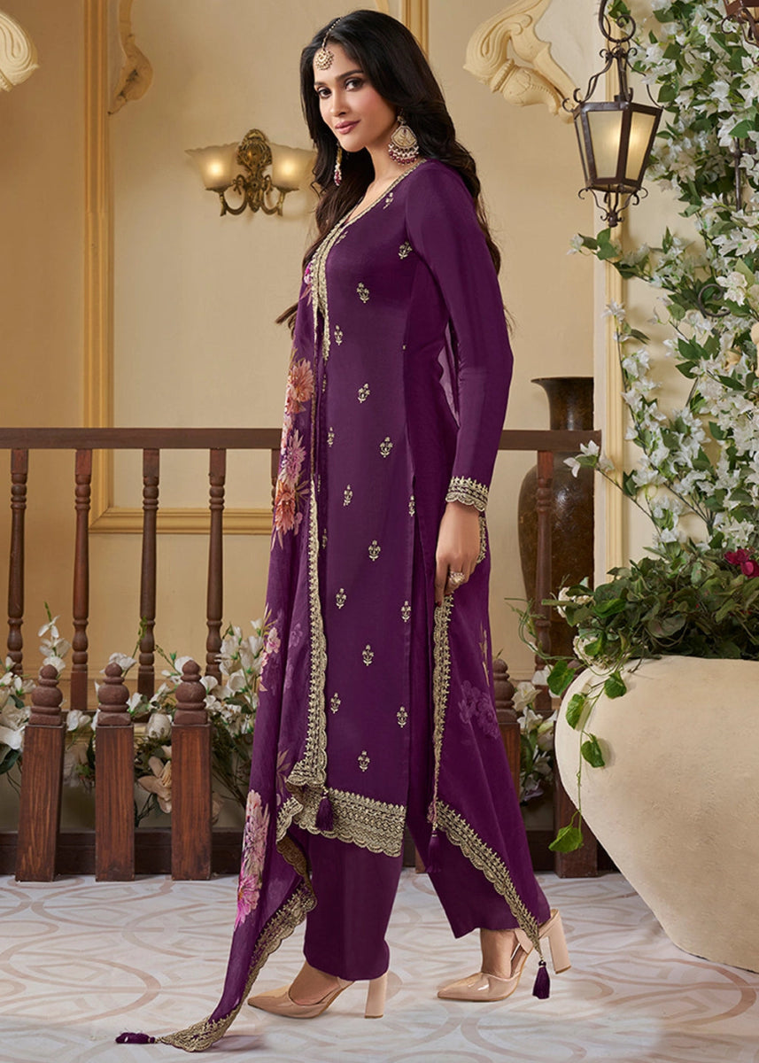 Plum Purple Munga Silk Suit with Shimmering Sequin Embellishments - House of Sarvati LLC